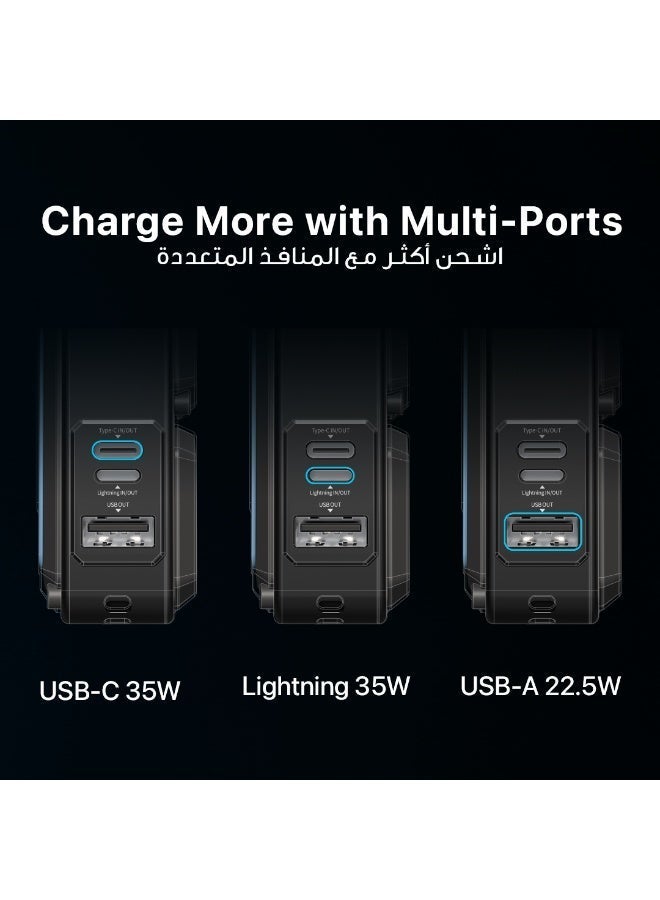 باورولوجي بنك طاقة 20000 مللي أمبير/ساعة وشاحن حائط / محول سفر PD 35 وات مع مقابس قابلة للتبديل (الولايات المتحدة، الاتحاد الأوروبي، المملكة المتحدة) / شحن لاسلكي 15 وات متوافق مع MagSafe / كابل مدمج وحامل / بنك طاقة - أسود - Image 5